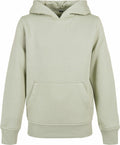 The Build Your Brand BY117 is showcased against a plain backdrop, featuring a light green hue. This hooded sweatshirt boasts a front pocket and includes ribbed cuffs and waistband, offering a simple and casual design.
