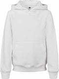 A plain white hooded sweatshirt featuring long sleeves and a front pocket from Build Your Brand's BY117 collection is showcased against a white background.