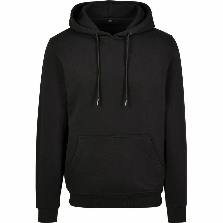 BY118 black hooded sweatshirt by Build Your Brand, featuring drawstrings and a front pouch pocket, displayed against a white background.