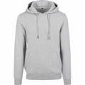 The BY118 by Build Your Brand is a plain gray hoodie featuring a front pocket and drawstring hood.