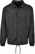 The BY128 jacket by Build Your Brand features a black color, button-up design with a collar, long sleeves, elastic cuffs, and a drawstring hem.