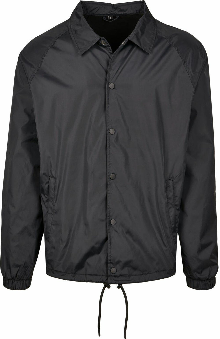 The BY128 jacket by Build Your Brand features a black color, button-up design with a collar, long sleeves, elastic cuffs, and a drawstring hem.