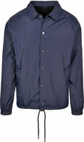 The BY128 from Build Your Brand is a navy blue jacket featuring a button-up design, a collar, and a drawstring hem.