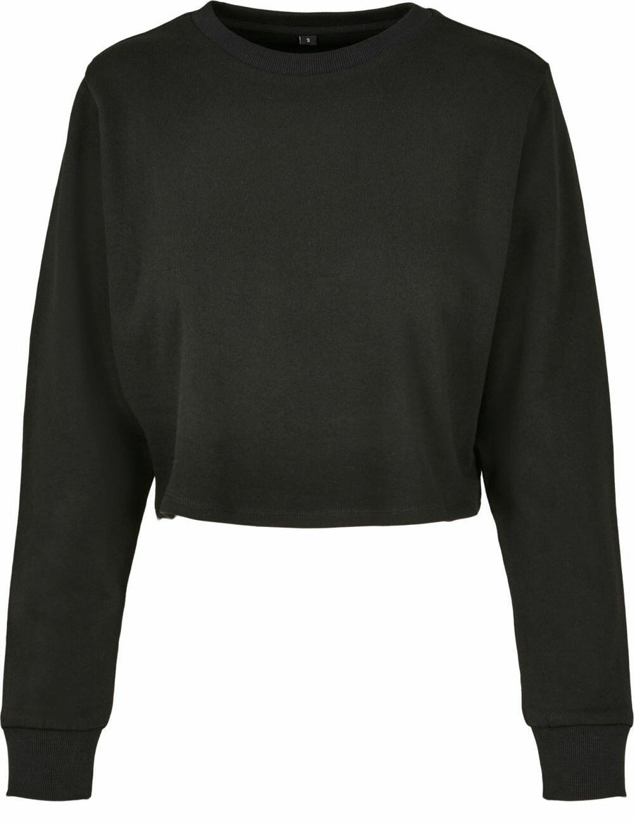 The BY131, by Build Your Brand, is a black long-sleeve cropped sweatshirt featuring ribbed cuffs and a round neckline.
