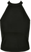 A black sleeveless halter neck top, labeled as Product BY134 from Build Your Brand, displayed against a white background.