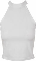 BY134 by Build Your Brand is a sleeveless white halter top showcased against a plain background.