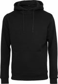 Build Your Brand's BY137 hooded sweatshirt, featuring a front pocket and drawstring, in black.