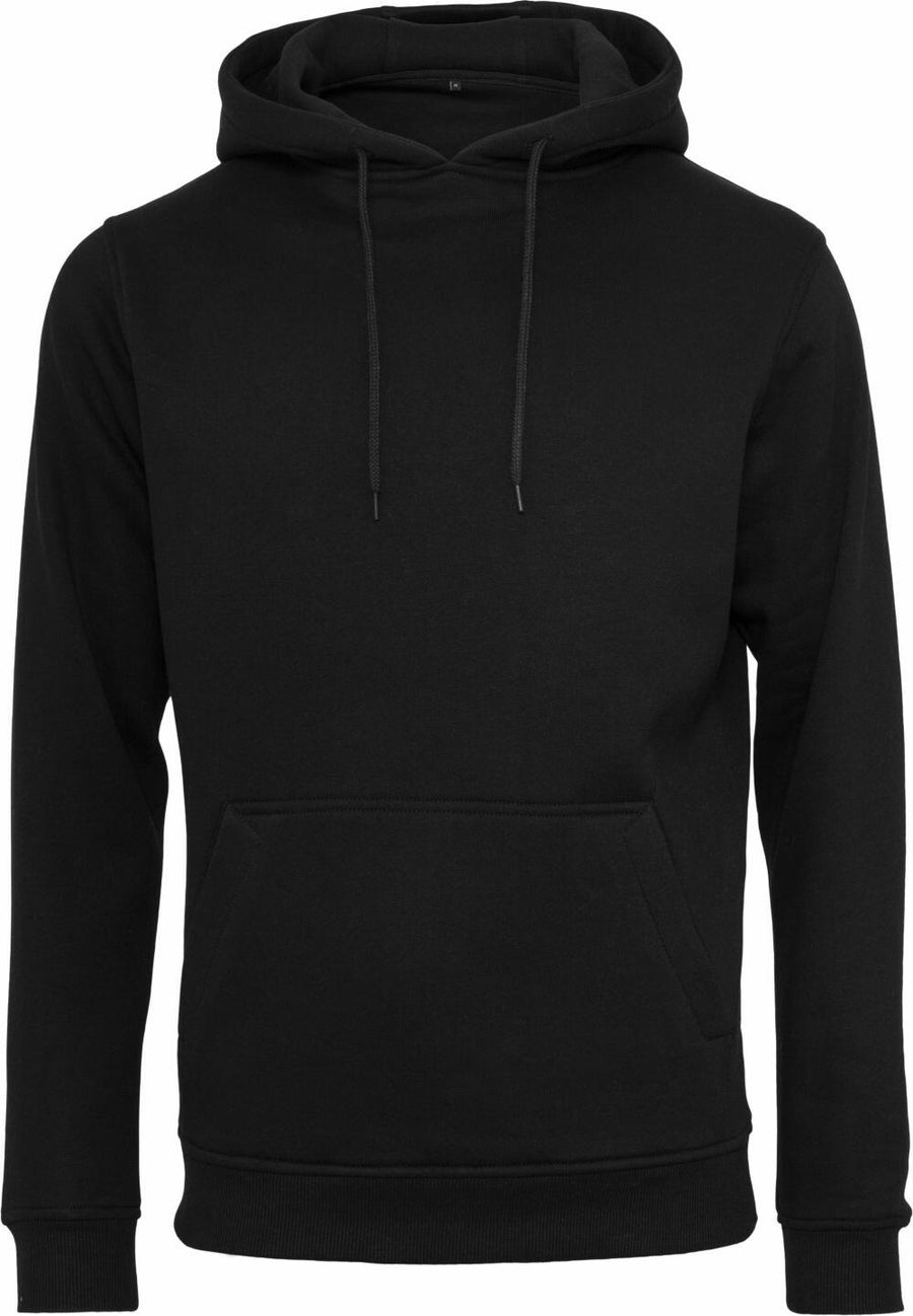 Build Your Brand's BY137 hooded sweatshirt, featuring a front pocket and drawstring, in black.