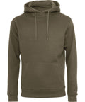 A plain olive green BY137 hoodie from Build Your Brand, featuring a front pocket and drawstring hood.