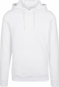 The BY137 by Build Your Brand is a plain white hooded sweatshirt featuring long sleeves and a front kangaroo pocket, showcased against a clean background.