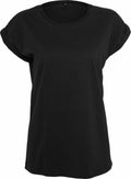 BY138 by Build Your Brand: A plain black T-shirt featuring short sleeves and a round neckline, showcased against a white background.