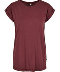 Product Description: The BY138 by Build Your Brand is a sleek, plain burgundy T-shirt featuring stylish short rolled-up sleeves, set against a clean white background.