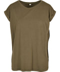 BY138 short-sleeve T-shirt in olive green with rolled cuffs, by Build Your Brand, displayed on a hanger.