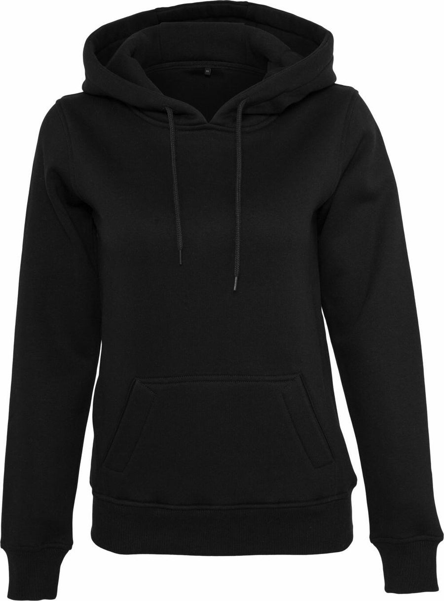 The product BY139 from Build Your Brand is a black hoodie featuring a front pocket and drawstring hood, showcased against a white background.