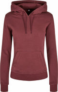 BY139 by Build Your Brand is a maroon hooded sweatshirt featuring a front pocket and drawstring hood.