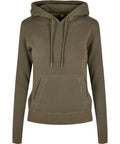 The BY139 hooded sweatshirt by Build Your Brand is olive green and features long sleeves, a front pouch pocket, and adjustable drawstrings. The fabric has a soft texture with slightly ribbed cuffs and hem. The hoodie is pictured facing forward.