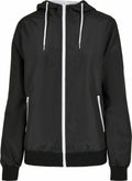 The BY147 by Build Your Brand is a black hooded jacket with a white zipper and drawstrings, featuring side pockets.