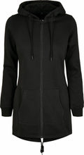 The BY148 zip-up hoodie from Build Your Brand features a black design with drawstrings, long sleeves, and front pockets.