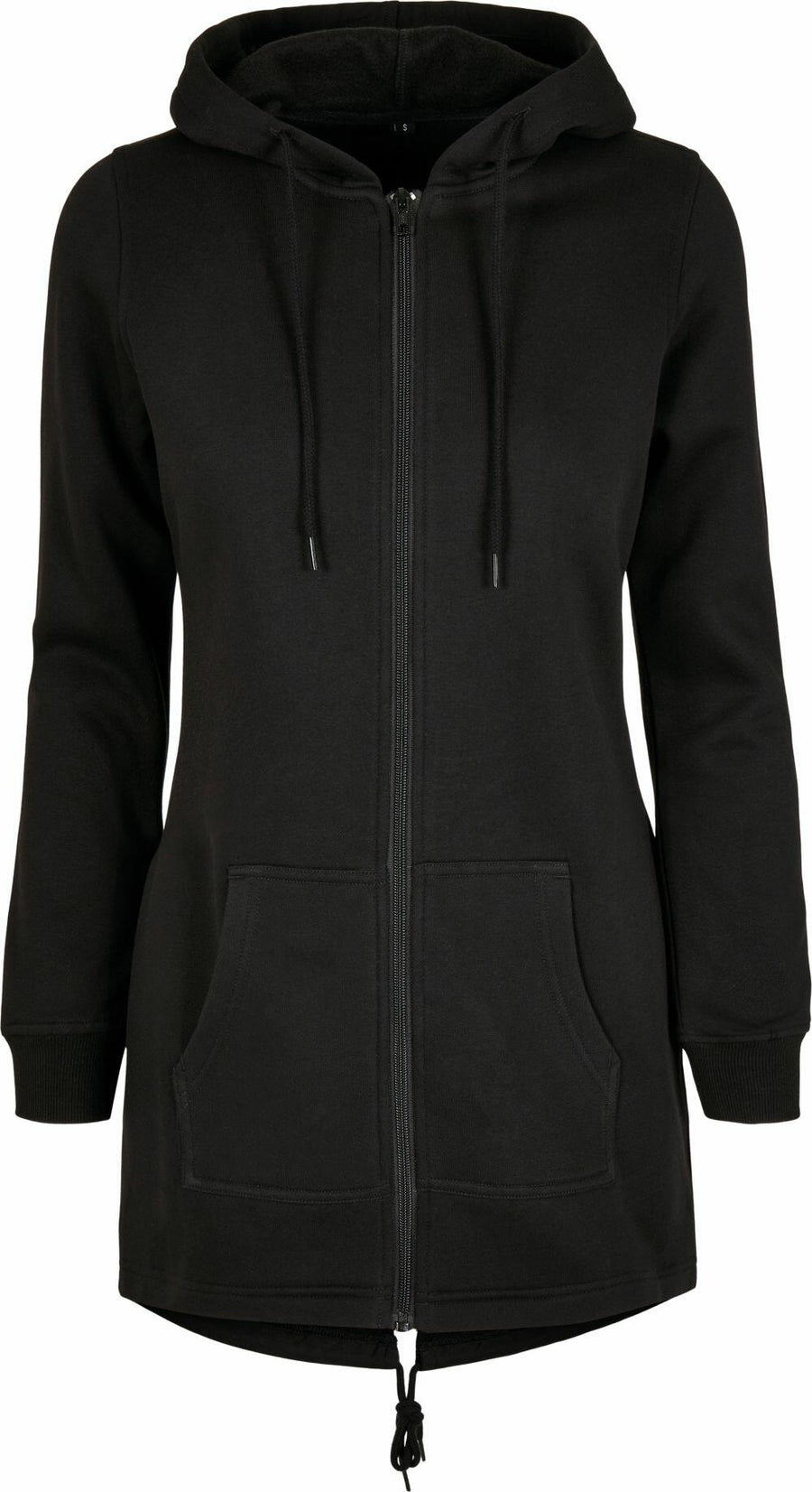 The BY148 zip-up hoodie from Build Your Brand features a black design with drawstrings, long sleeves, and front pockets.