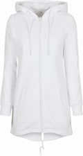 The BY148 by Build Your Brand is a white zip-up hoodie featuring a drawstring hood and front pockets.