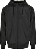 BY151 by Build Your Brand: A black hooded jacket featuring a zipper closure, two front pockets, and drawstrings.