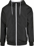 A BY151 jacket from Build Your Brand featuring a black hood with white zippers and drawstrings.