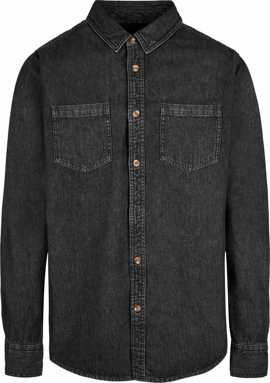 Build Your Brand BY152 black denim shirt featuring two chest pockets and brown buttons.