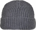 The BY154 by Build Your Brand is a gray knitted beanie with a ribbed texture and a folded brim.
