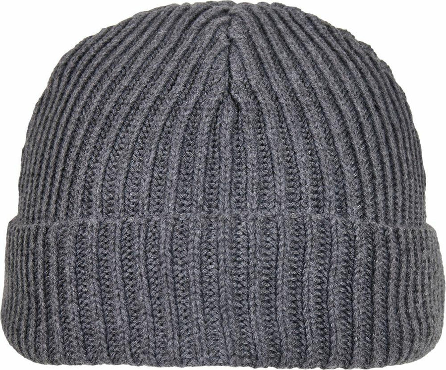 The BY154 by Build Your Brand is a gray knitted beanie with a ribbed texture and a folded brim.