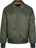A green collar bomber jacket made of 100% nylon with a zipper front, ribbed cuffs and hem, and striking orange quilted lining. It features a zippered pocket on the left sleeve for added utility.
