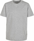 The BY158, a plain gray T-shirt from Build Your Brand, features short sleeves and a round neckline. Displayed against a white background, the fabric looks soft and comfortable, with no visible logos or designs.