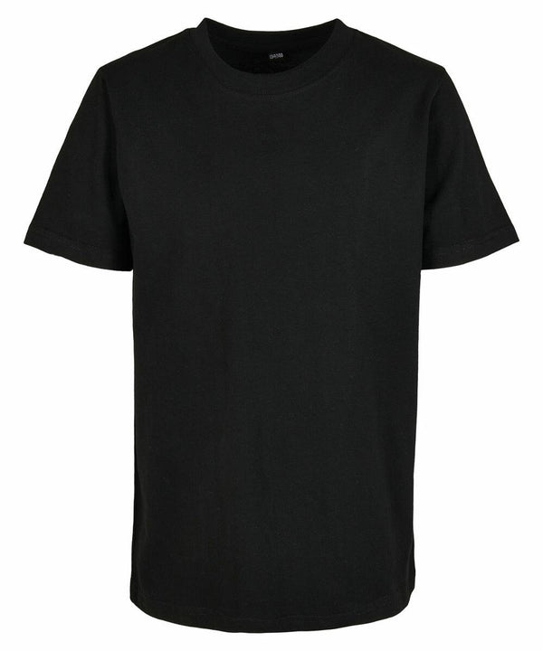 A plain black short-sleeved T-shirt from Build Your Brand, model BY158, is displayed against a white background. The T-shirt is simple with no visible logos or designs.