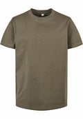Product BY158 by Build Your Brand is presented against a white background as an olive green T-shirt featuring short sleeves and a round neck, without any visible logos or designs.