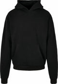 The BY162 hoodie by Build Your Brand features a plain black design with a front pocket and hood.