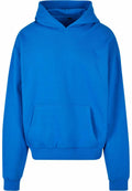 The BY162 hoodie by Build Your Brand is a vibrant blue piece featuring a front pocket and hood. Displayed against a plain white background, it highlights its simple and casual design.