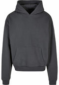 A plain dark gray hoodie from Build Your Brand, model BY162, featuring a front pocket and a drawstring hood, laid flat against a white background.