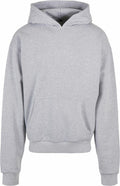 The BY162 from Build Your Brand is a plain gray hoodie with a front pocket and drawstring hood. Displayed on a white background, it showcases its minimalist design and the texture of its soft fabric.