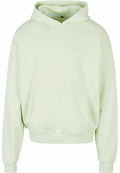 BY162 by Build Your Brand is a light green hoodie featuring a drawstring hood and a front pocket, showcased against a plain white background.