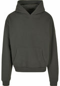 A plain dark green BY162 hoodie by Build Your Brand, featuring a front pocket and a hood, displayed against a white background.