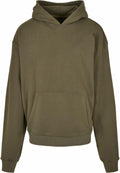 Build Your Brand offers the BY162 hoodie, featuring a hood and front pocket in olive green.