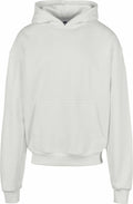 Displayed against a neutral background, the BY162 by Build Your Brand is a plain white hoodie featuring a front pocket and hood. The garment boasts long sleeves with ribbed cuffs and hem.