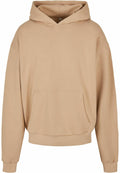 A BY162 hoodie by Build Your Brand, featuring a plain beige design with a front pocket and hood, is displayed against a neutral background.