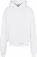 The BY162 from Build Your Brand is a plain white hoodie featuring a front pocket and drawstring hood. It looks unworn and is showcased against a white background.