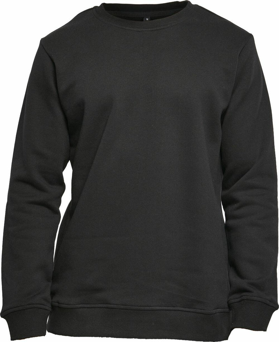 A plain black crewneck sweatshirt from Build Your Brand (Product Name: BY173) displayed on a white background.
