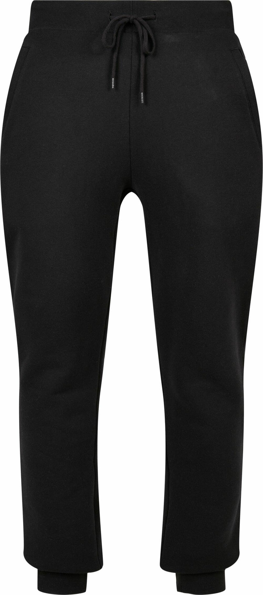 BY174 by Build Your Brand are black jogger pants featuring an elastic waistband with a drawstring, side pockets, and ribbed cuffs.