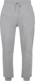 The BY174, by Build Your Brand, are gray jogger pants featuring an elastic waistband with a drawstring and cuffed ankles.