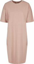 The BY181 is a T-shirt dress from Build Your Brand featuring a plain beige design with short sleeves and a round neckline.