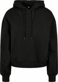 BY183 by Build Your Brand is a black hooded sweatshirt featuring drawstrings and ribbed cuffs.