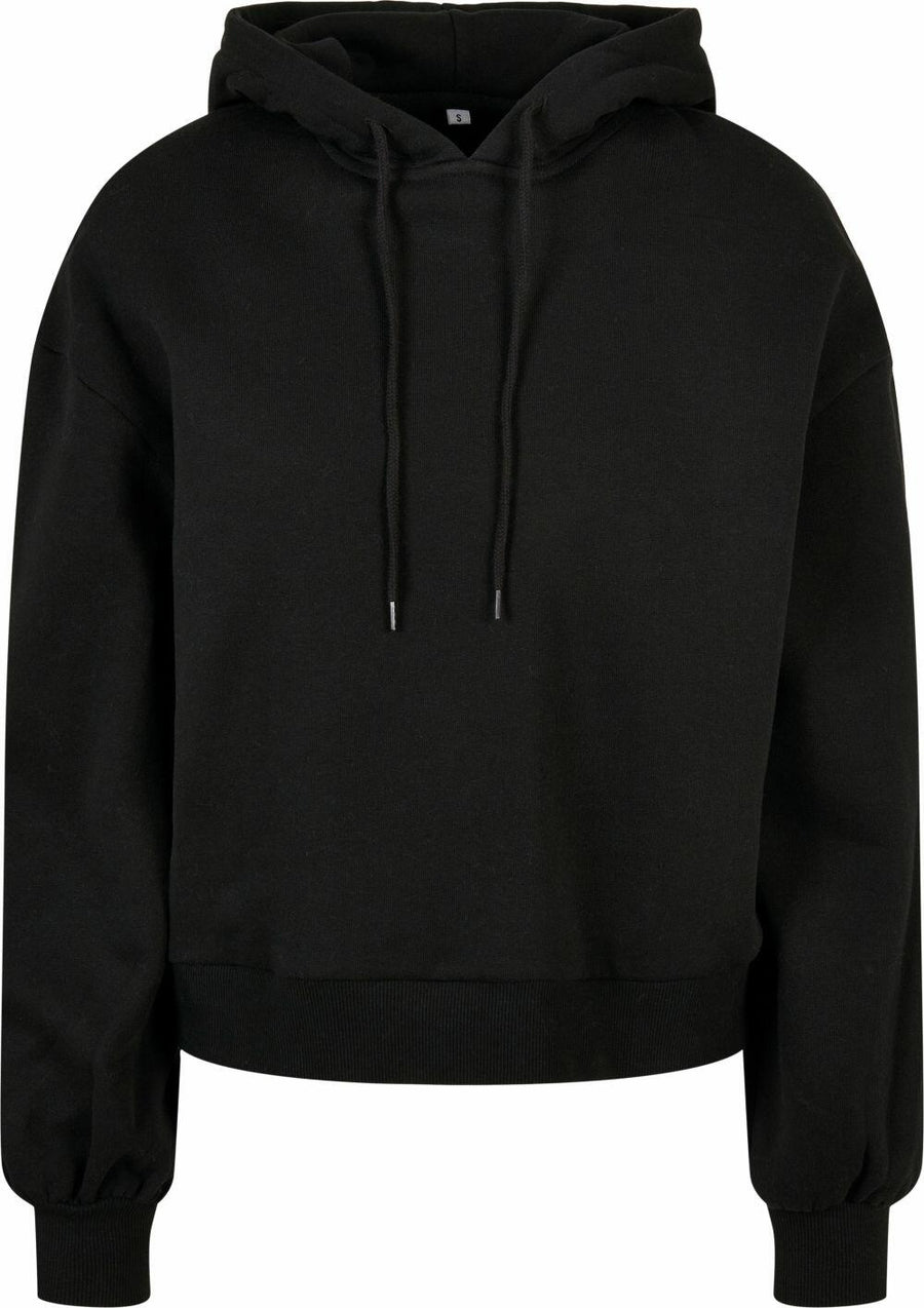 BY183 by Build Your Brand is a black hooded sweatshirt featuring drawstrings and ribbed cuffs.