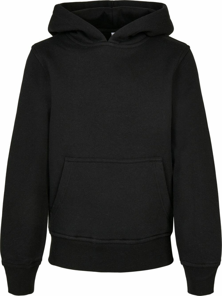 BY185 hoodie by Build Your Brand, featuring a black color with a front pocket, showcased against a white background.